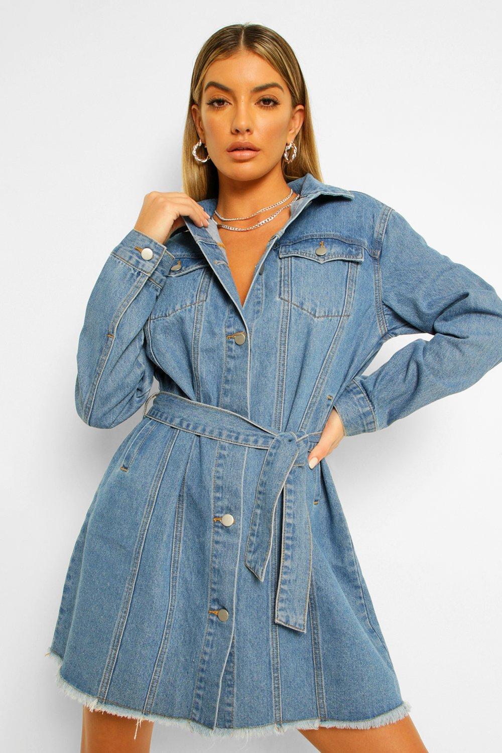 Belted denim dress sale